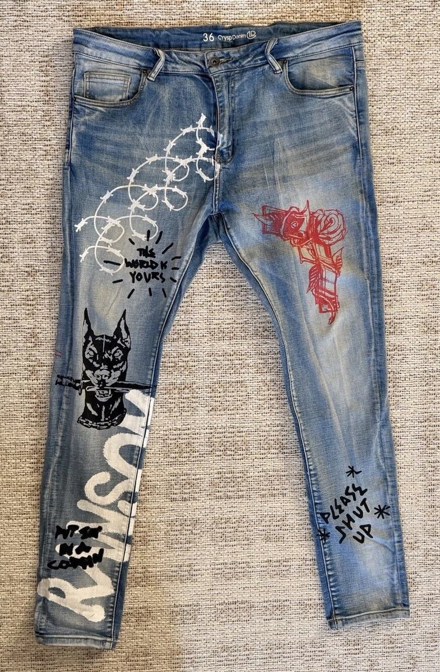 Crysp Denim Mens 36x31 Graphic Jeans Light Wash Skinny Streetwear Punk Graffiti